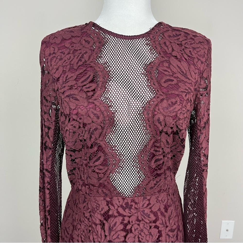 TOBI RAVEN WINE LACE BODYCON LONG SLEEVE MINI DRESS PLUNGE ILLUSION NECK LARGE - Picture 9 of 16